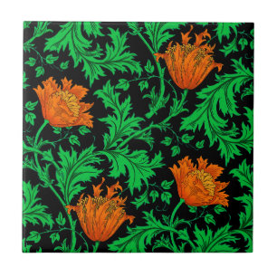 Morris Anemone Pattern, Orange, Green and Black Tile