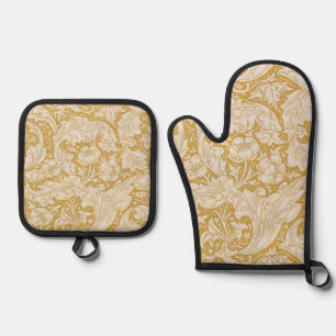 Morris Bachelor's Button Flower & Golden Stems Oven Mitt & Pot Holder Set