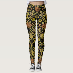 Morris Black Background Rose & Lily Flower Pattern Leggings