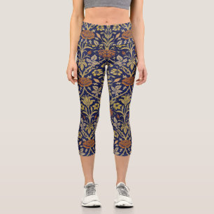 Morris Blue Background Rose & Lily Flower Pattern Capri Leggings