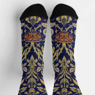 Morris Blue Background Rose & Lily Flower Pattern Socks