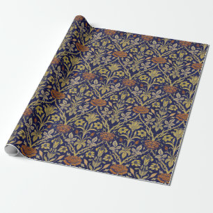 Morris Blue Background Rose & Lily Flower Pattern Wrapping Paper