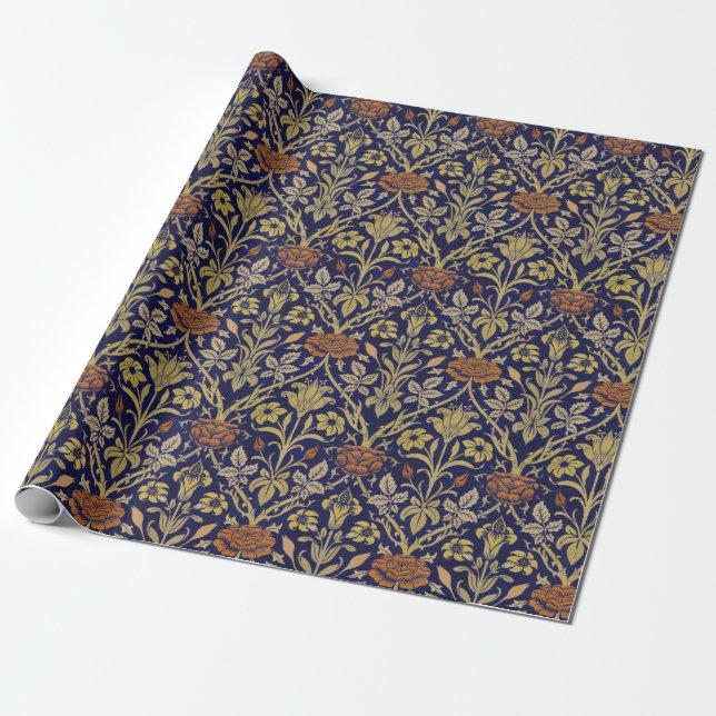 Morris Blue Background Rose & Lily Flower Pattern Wrapping Paper (Unrolled)