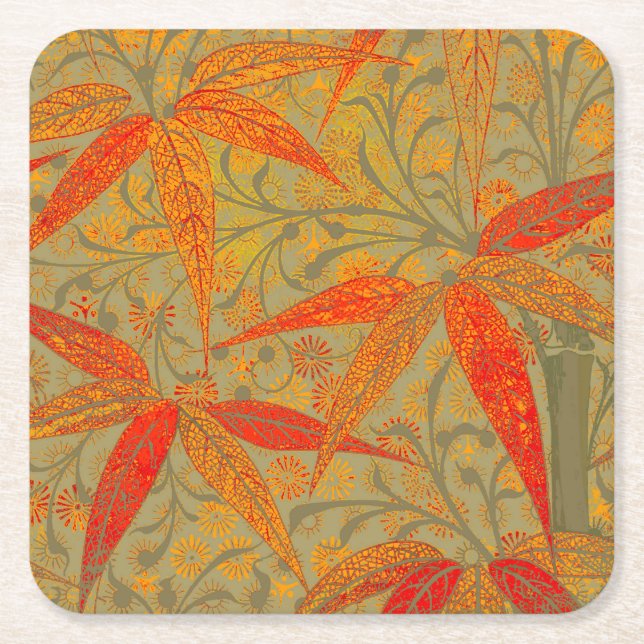 Morris & Co. Bamboo Pattern Godwin Orange & Sage Square Paper Coaster (Front)