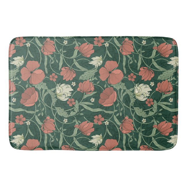 Morris Garden Green & Red Floral Bath Mat (Front)