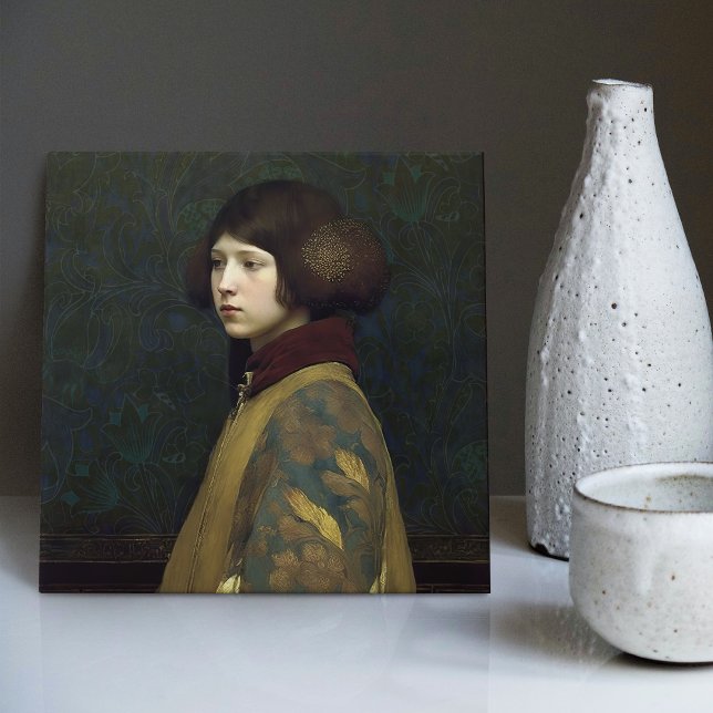 Morris Gold Green Art Nouveau Portrait Lily Tile (Creator Uploaded)