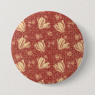Morris Inspired Lily Flower Botanical Red Textile  7.5 Cm Round Badge