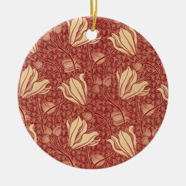 Morris Inspired Lily Flower Botanical Red Textile  Ceramic Tree Decoration (Front)