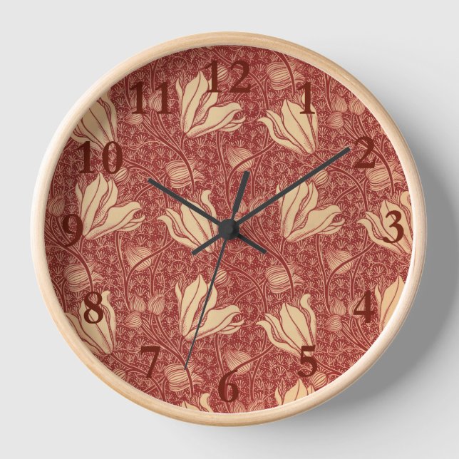 Morris Inspired Lily Flower Botanical Red Textile  Clock (Front)