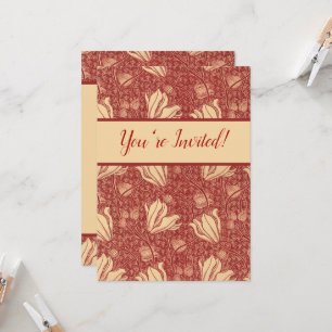 Morris Inspired Lily Flower Botanical Red Textile  Invitation