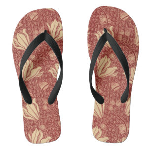 Morris Inspired Lily Flower Botanical Red Textile Jandals