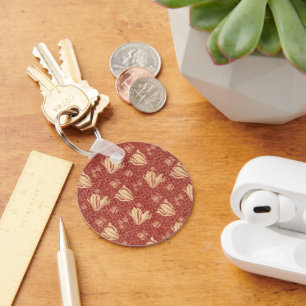 Morris Inspired Lily Flower Botanical Red Textile  Key Ring