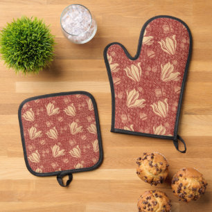Morris Inspired Lily Flower Botanical Red Textile Oven Mitt & Pot Holder Set