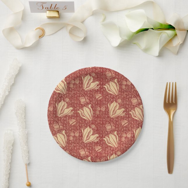 Morris Inspired Lily Flower Botanical Red Textile  Paper Plate (Wedding)