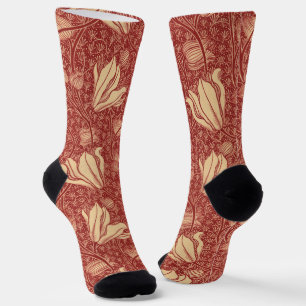 Morris Inspired Lily Flower Botanical Red Textile  Socks
