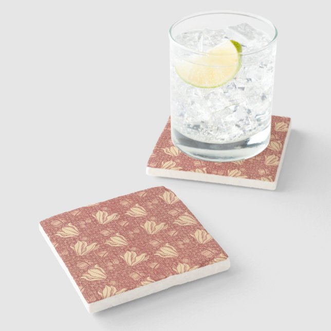 Morris Inspired Lily Flower Botanical Red Textile  Stone Coaster (Side)