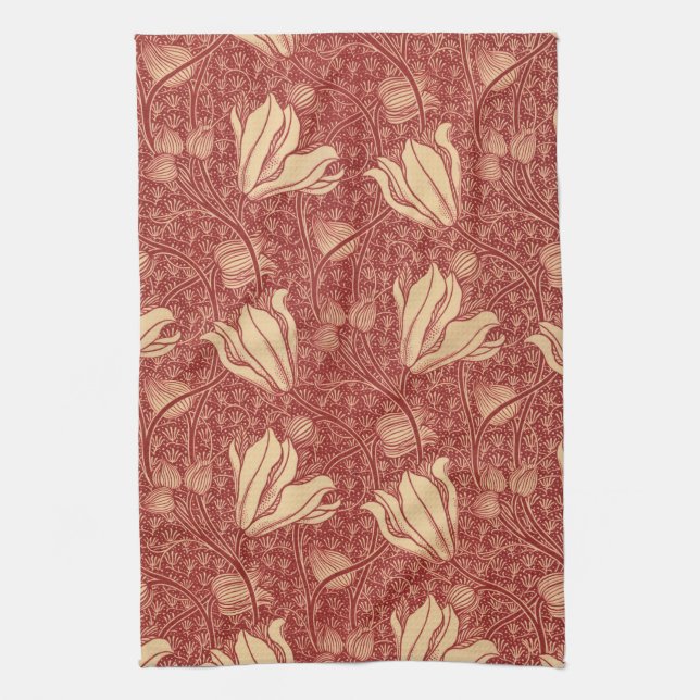 Morris Inspired Lily Flower Botanical Red Textile  Tea Towel (Vertical)