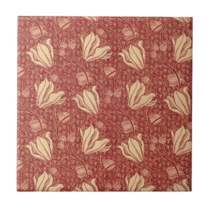 Morris Inspired Lily Flower Botanical Red Textile  Tile