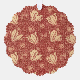 Morris Inspired Lily Flower Botanical Red Textile  Tree Decoration Card