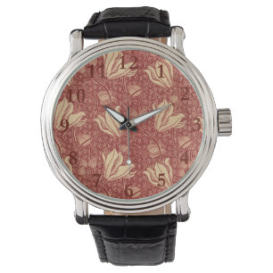 Morris Inspired Lily Flower Botanical Red Textile  Watch