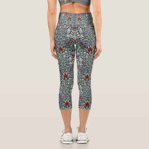 Morris Navy Blue Snakeshead Floral Wallpaper Capri Leggings