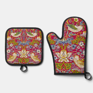 Morris Red Background Strawberry Thief Pattern Oven Mitt & Pot Holder Set