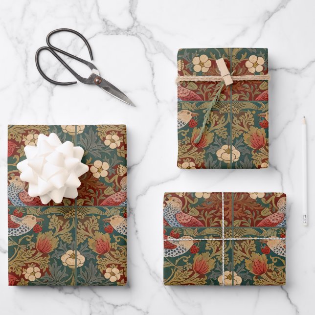 Morris - Strawberry Thief  #2 Floral Pattern  Wrapping Paper Sheet (Front)