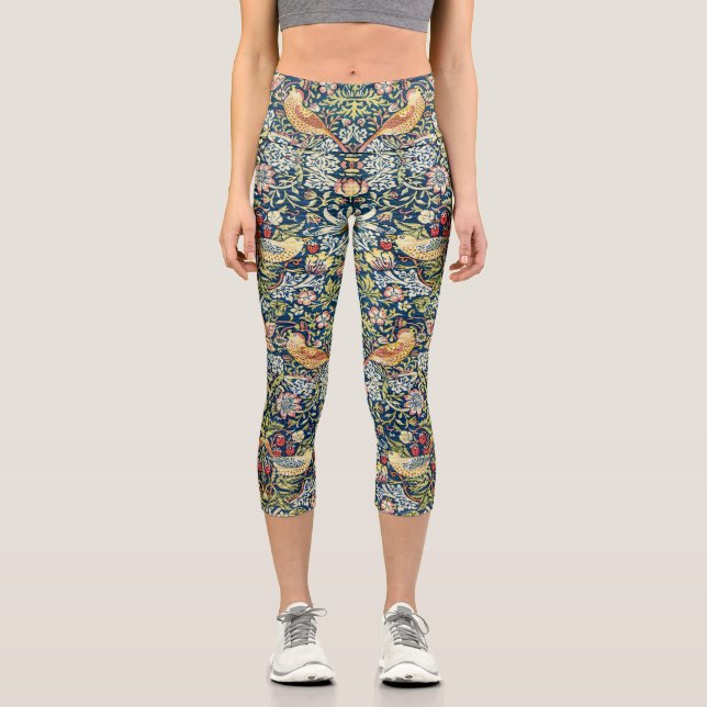 Morris - Strawberry Thief Bird & Floral Pattern Capri Leggings (Front)