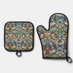 Morris - Strawberry Thief Bird & Floral Pattern Oven Mitt & Pot Holder Set