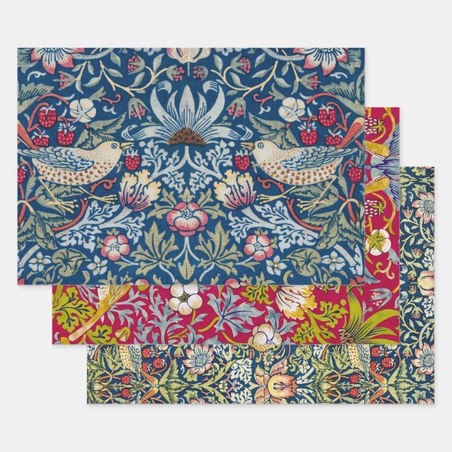 Morris Strawberry Thief Birds & Flower Pattern Wrapping Paper Sheet (Set)