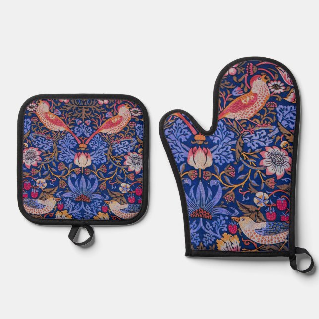 Morris Strawberry Thief Lavender Purple Rose Art Oven Mitt & Pot Holder Set (Front)