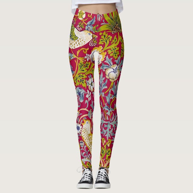 Morris Strawberry Thief Raspberry Red Lime Floral Leggings (Front)