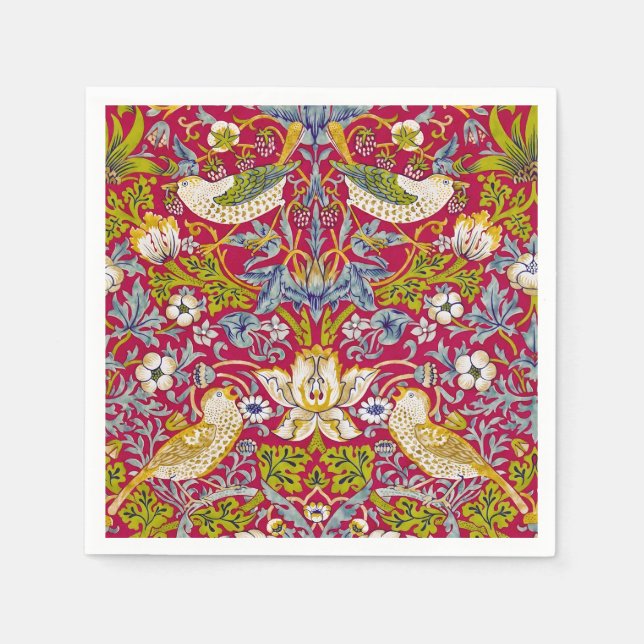 Morris Strawberry Thief Raspberry Red Lime Floral Napkin (Front)