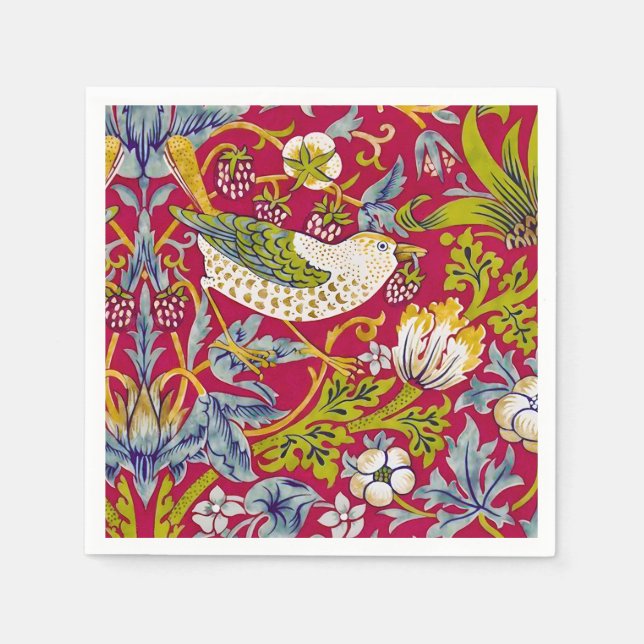 Morris Strawberry Thief Raspberry Red Lime Floral Napkin (Front)