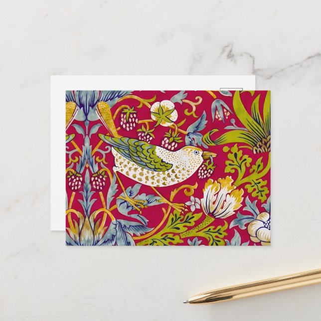Morris Strawberry Thief Raspberry Red Lime Floral Postcard (Front/Back In Situ)