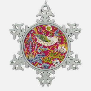 Morris Strawberry Thief Raspberry Red Lime Floral Snowflake Pewter Christmas Ornament