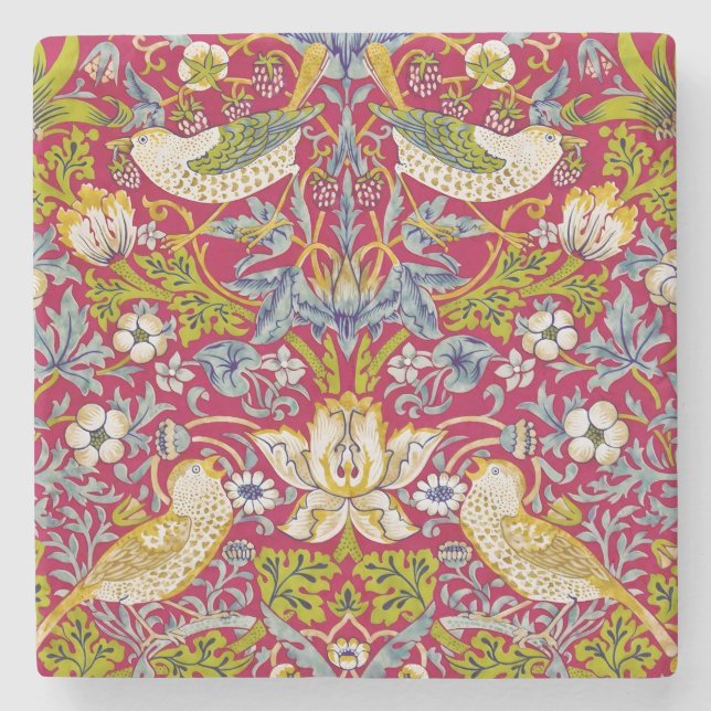 Morris Strawberry Thief Raspberry Red Lime Floral Stone Coaster (Front)