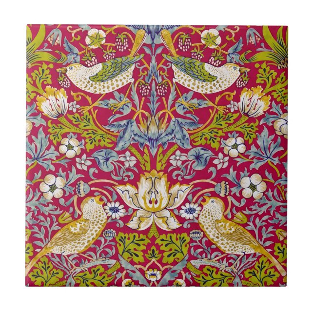 Morris Strawberry Thief Raspberry Red Lime Floral Tile (Front)