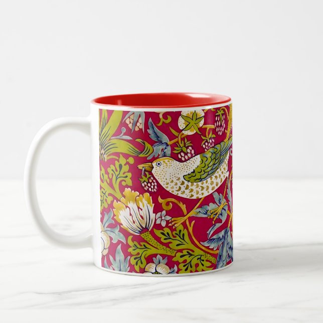 Morris Strawberry Thief Raspberry Red Lime Floral Two-Tone Coffee Mug (Left)