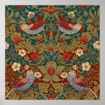 Morris Strawberry Thief Teal Green Red Floral Art