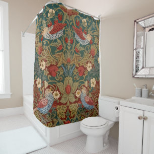 Morris Strawberry Thief Teal Green Red Floral Art Shower Curtain