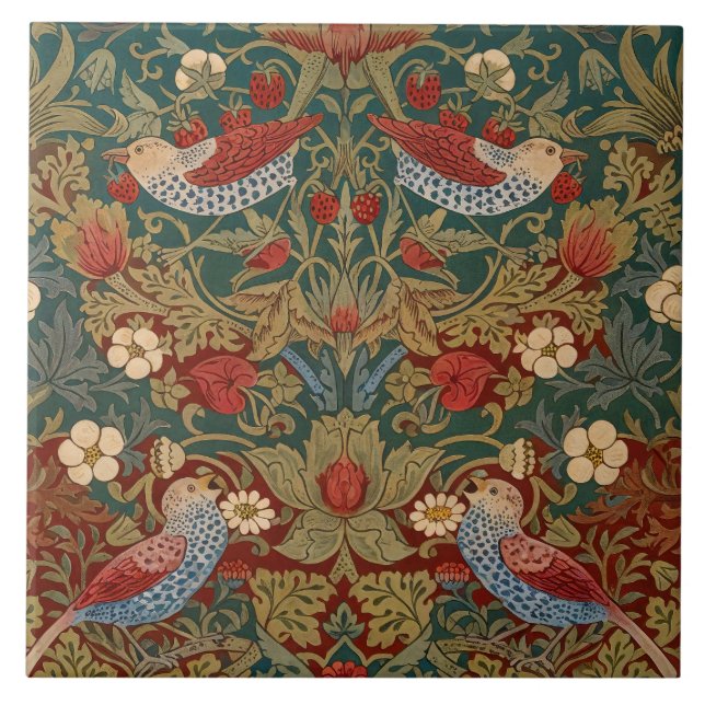 Morris Strawberry Thief Teal Green Red Floral Art Tile (Front)