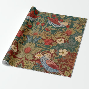 Morris Strawberry Thief Teal Green Red Floral Art Wrapping Paper