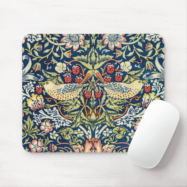 Morris Strawberry Thief Yellow Ivory Slate Blue Mouse Pad (With Mouse)