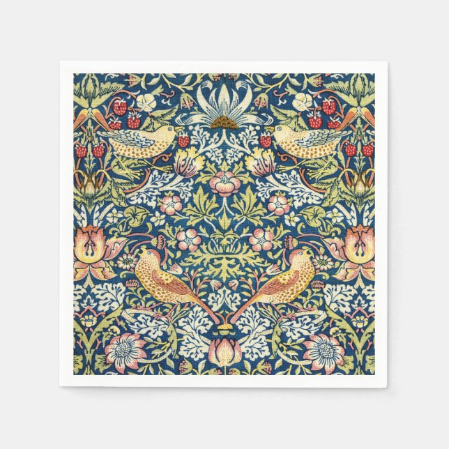 Morris Strawberry Thief Yellow Ivory Slate Blue Napkin (Front)