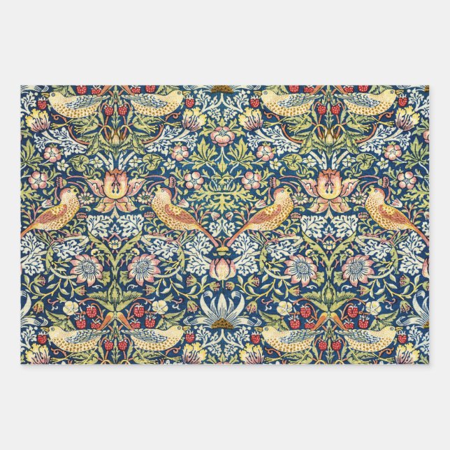 Morris Strawberry Thief Yellow Ivory Slate Blue Wrapping Paper Sheet (Front)
