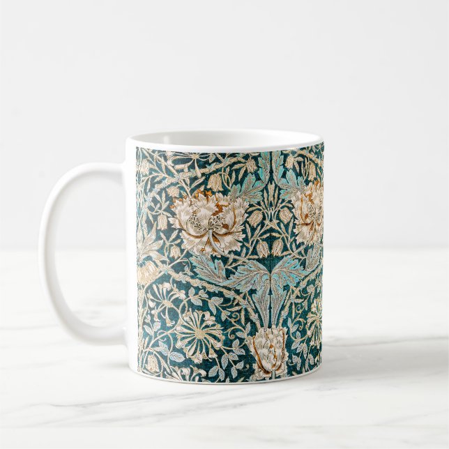 Morris Teal Blue Honeysuckle Floral Wallpaper Coffee Mug (Left)