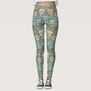 Morris Teal Blue Honeysuckle Floral Wallpaper Leggings