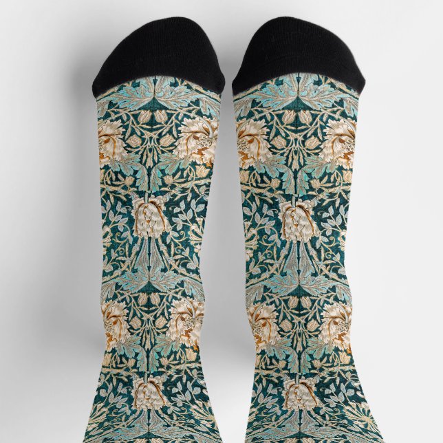 Morris Teal Blue Honeysuckle Floral Wallpaper Socks (Top)