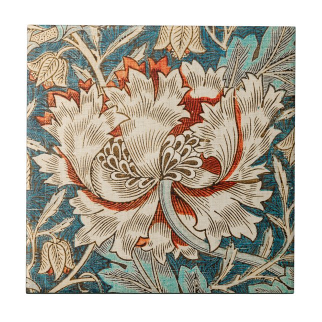Morris Teal Blue Honeysuckle Floral Wallpaper Tile (Front)